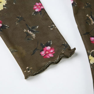 Long sleeve flower print mesh ruffle crop top