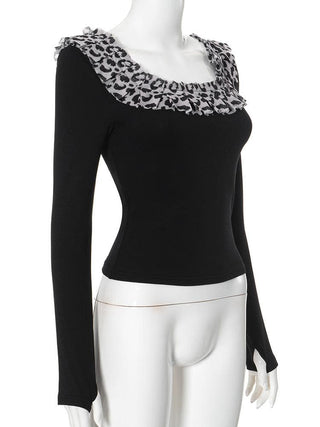 Long sleeve u neck leopard print patchwork top