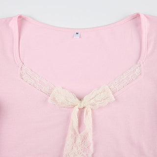 Short sleeve u neck bowknot lace hem top