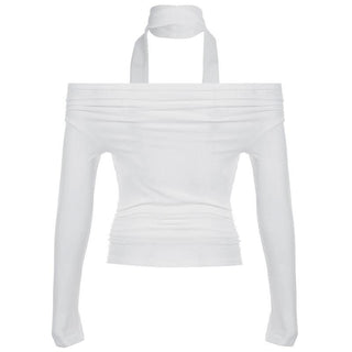 Off shoulder long sleeve ruched solid top