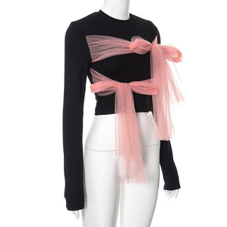 Long sleeve crewneck bowknot mesh contrast top
