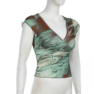 V neck cap sleeve tie dye top