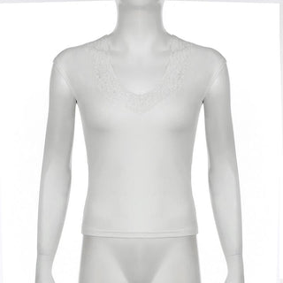 V neck cap sleeve lace hem top