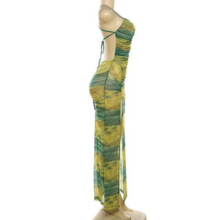 Sheer mesh contrast high slit ruched knotted cami maxi dress
