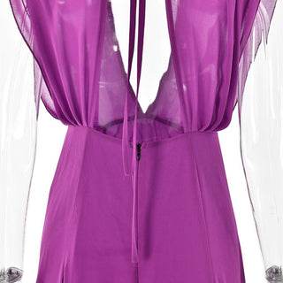 Slit deep V neck backless self tie solid maxi dress