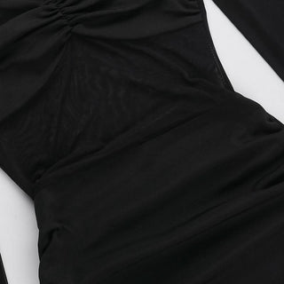 Long sleeve mesh patchwork ruched mini dress
