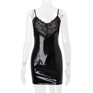 Lace hem v neck PU leather zip-up mini dress