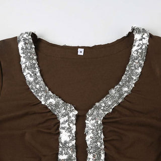 Long sleeve glitter hollow out cut out top