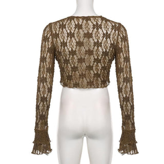 Lace v neck self tie see through flared sleeve solid crop top