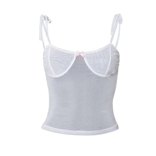 Sheer mesh see through bowknot self tie cami top