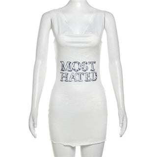 Letter print contrast cowl neck sleeveless metal chain mini dress