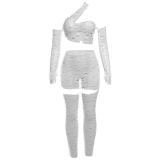Hollow out one shoulder irregular long sleeve pant set