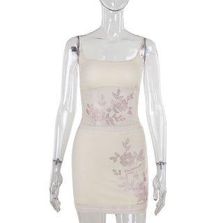 U neck beaded flower pattern mesh cami mini skirt set