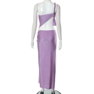 Knotted irregular one shoulder hollow out slit cut out maxi dress