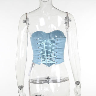 Corset solid sweetheart neck lace up backless tube top