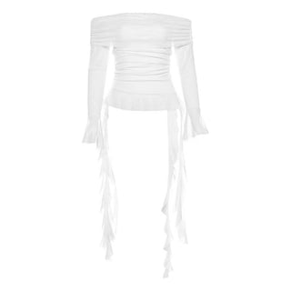 Long flared sleeve off shoulder mesh ruffle solid top