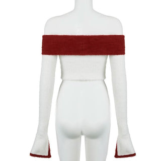 Long sleeve off shoulder fluffy sweetheart applique crop top