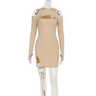 Long sleeve off shoulder knitted hollow out self tie cut out mini dress