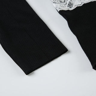 Off shoulder long sleeve lace hem bowknot top