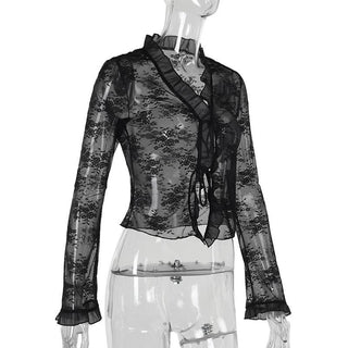 Long sleeve v neck lace self tie top