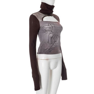 Long sleeve hollow out high neck button print cut out top