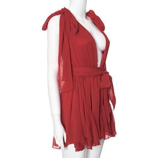 Deep v neck chiffon backless knotted ruffle mini dress