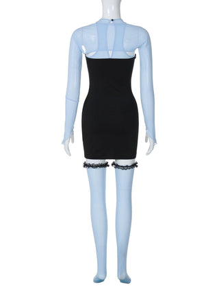 Shrug mesh long sleeve button 3 piece mini dress