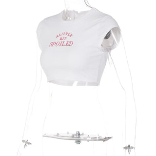 â€œSPOILEDâ€ embroidery contrast crewneck cap sleeve crop top