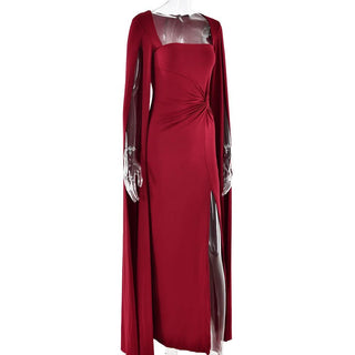 Long sleeve high slit square neck ruched maxi dress
