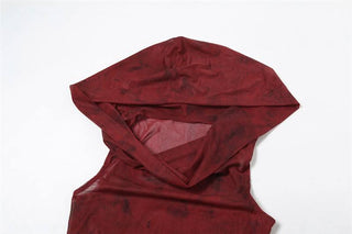 Hoodie cowl neck irregular gloves sheer mesh top