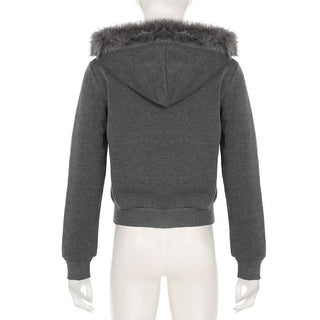 Hoodie long sleeve fluffy zip-up coat top