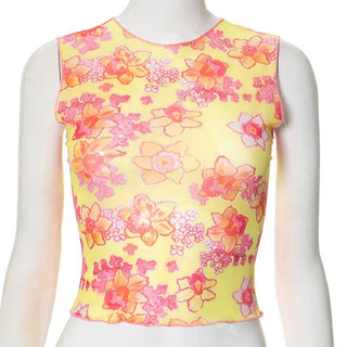 Sleeveless flower print sheer mesh crop top