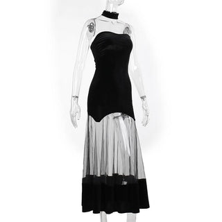 Ruched velvet mesh patchwork tube midi dress