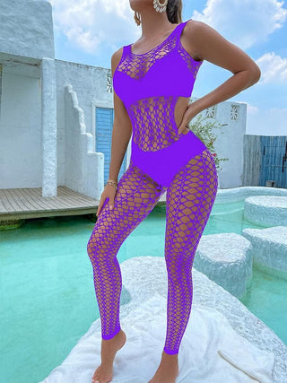 U neck sleeveless hollow out fishnet bodystocking