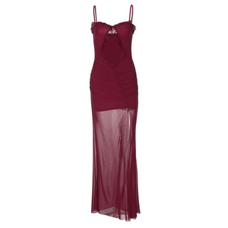 Hollow out mesh ruffle ruched cami cut out maxi dress