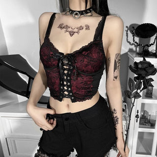 Lace v neck contrast lace up backless crop top