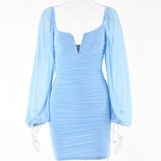 Mesh solid long sleeve ruched notch neck zip-up mini dress