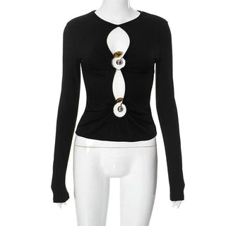 Long sleeve hollow out ribbed crewneck ruched cut out top