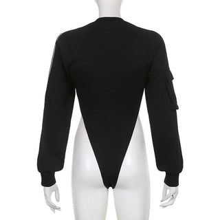Pocket letter print long sleeve crewneck contrast bodysuit