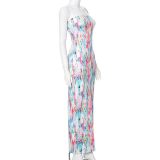 Ripple contrast high slit backless maxi dress
