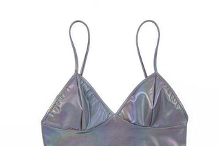 Laser metallic v neck backless cami crop top