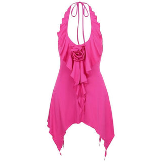 Halter flower applique backless ruffle u neck solid mini dress