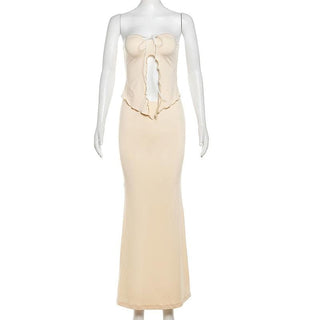 Ruffle slit self tie solid tube maxi skirt set
