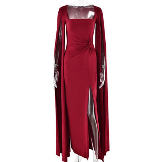 Long sleeve high slit square neck ruched maxi dress