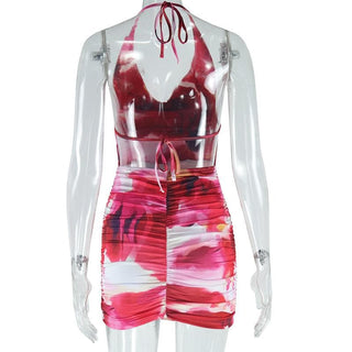 Halter tie dye cowl neck ruched mini dress