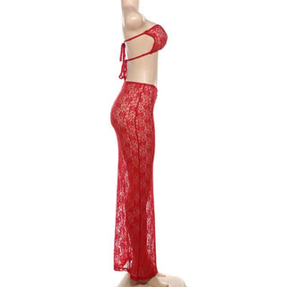 Self tie lace ruched knotted see through maxi skirt set