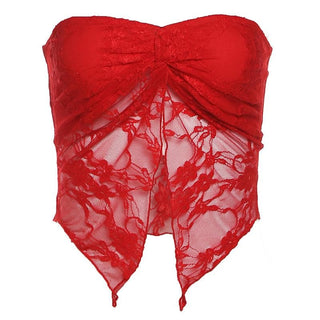 Lace ruched slit ruffle solid tube top