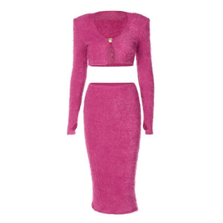 Textured button long sleeve gloves midi skirt set-final-sale