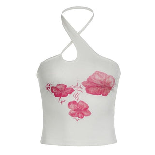 Halter hollow out flower print backless cut out top