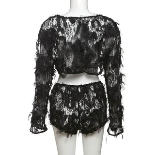 Long sleeve mesh ruffle crop short pant set